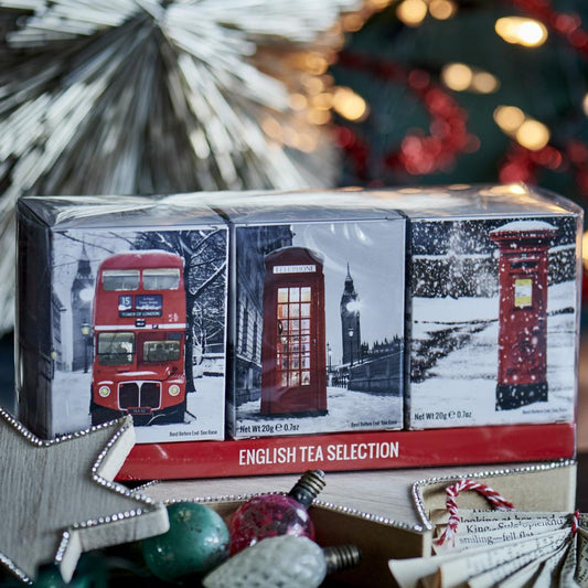 You'll be spoilt for choice with our best selling British Icons In The Snow Triple Tea Gift Pack in our original Red Bus, Red Telephone Box and Red Post Box designs. We've selected our top favourite, delicious blends; English Breakfast Tea, English A