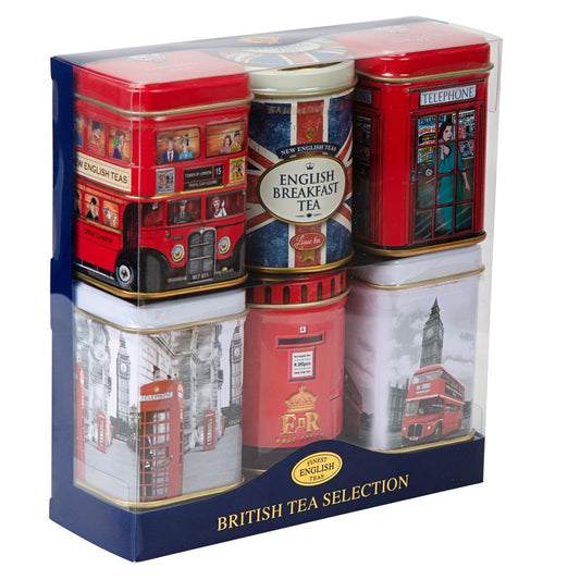 Six mini tea tins featuring the very best of British landmarks, including our British red bus, British telephone box, & British post box novelty tins and two London scene tins. Each mini tin contains loose-leaf black tea in our best-selling blends; E