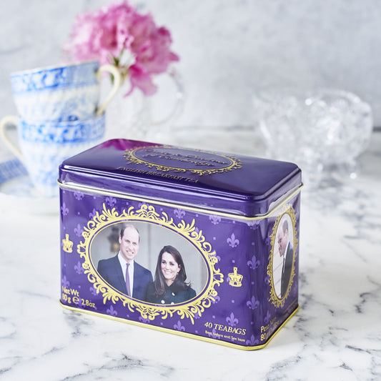 Our special edition British Monarchy tea caddy from our Royalty range features Prince William & Kate Middleton, the Duke and Duchess of Cambridge. One of our most popular tea tins, this highly collectable caddy contains our English Breakfast teabags.