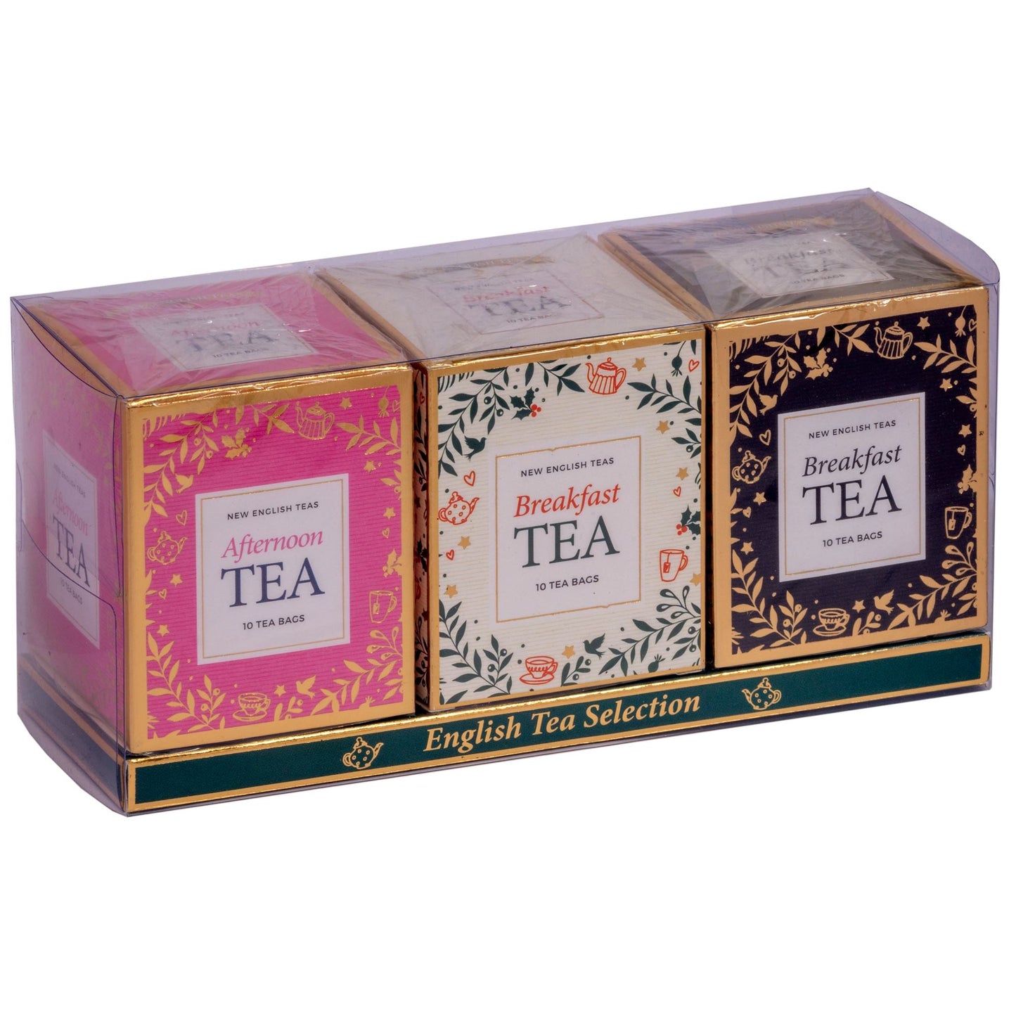 Our festive teabag gift boxes packaged in a gift box featuring gold foil detailing for an elegant and luxurious finish. Contains: Pink Carton with 10 English Afternoon Teabags Ivory Carton with 10 Breakfast Teabags Grey Carton with 10 Breakfast Teaba