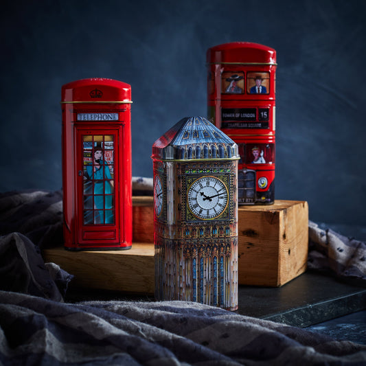 A delightful triple tea tin featuring the authentic English Telephone box, Red London Bus, and Big Ben. This smart, collectible tin contains our flavoursome English Tea, a classic rich, smooth and delicious blend. Traditionally used in the morning to