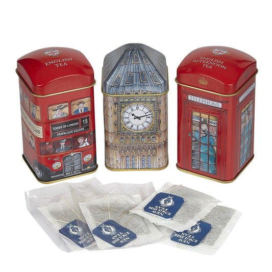 A delightful triple tea tin featuring the authentic Red Routemaster Bus, Big Ben, and the iconic Red Telephone Box. These smart, collectible tins contain our flavoursome English Tea, a classic rich, smooth and delicious blend. Traditionally used in t