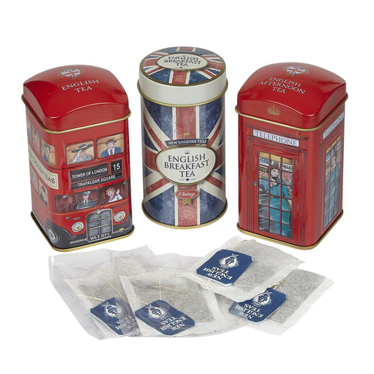 A delightful triple tea tin featuring the authentic Red Routemaster Bus, Union Jack, and the iconic Red Telephone Box. These smart, collectible tins contain our flavoursome English Tea, a classic rich, smooth and delicious blend. Traditionally used i