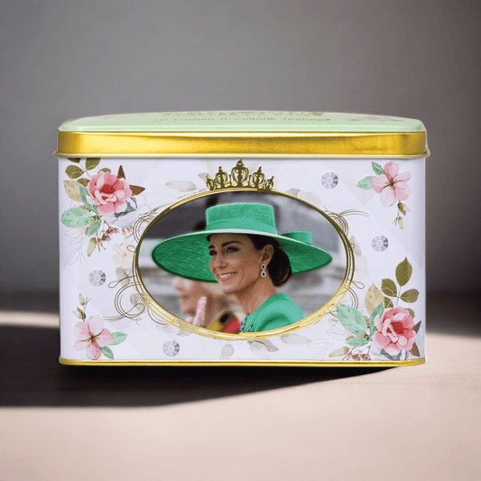 Our special issue Catherine Princess of Wales Tea Tin. Featuring official photographs of Kate Middleton, and delicate floral illustrations, with gold foil details. This collectable and commemorative tea tin contains our English Breakfast Tea, a rich,