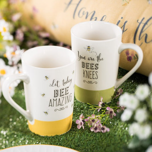 The English Tableware Company Bee Happy Set of 2 Mugs Perfect for Afternoon Tea Green & Yellow Teaware Tea for Two Set