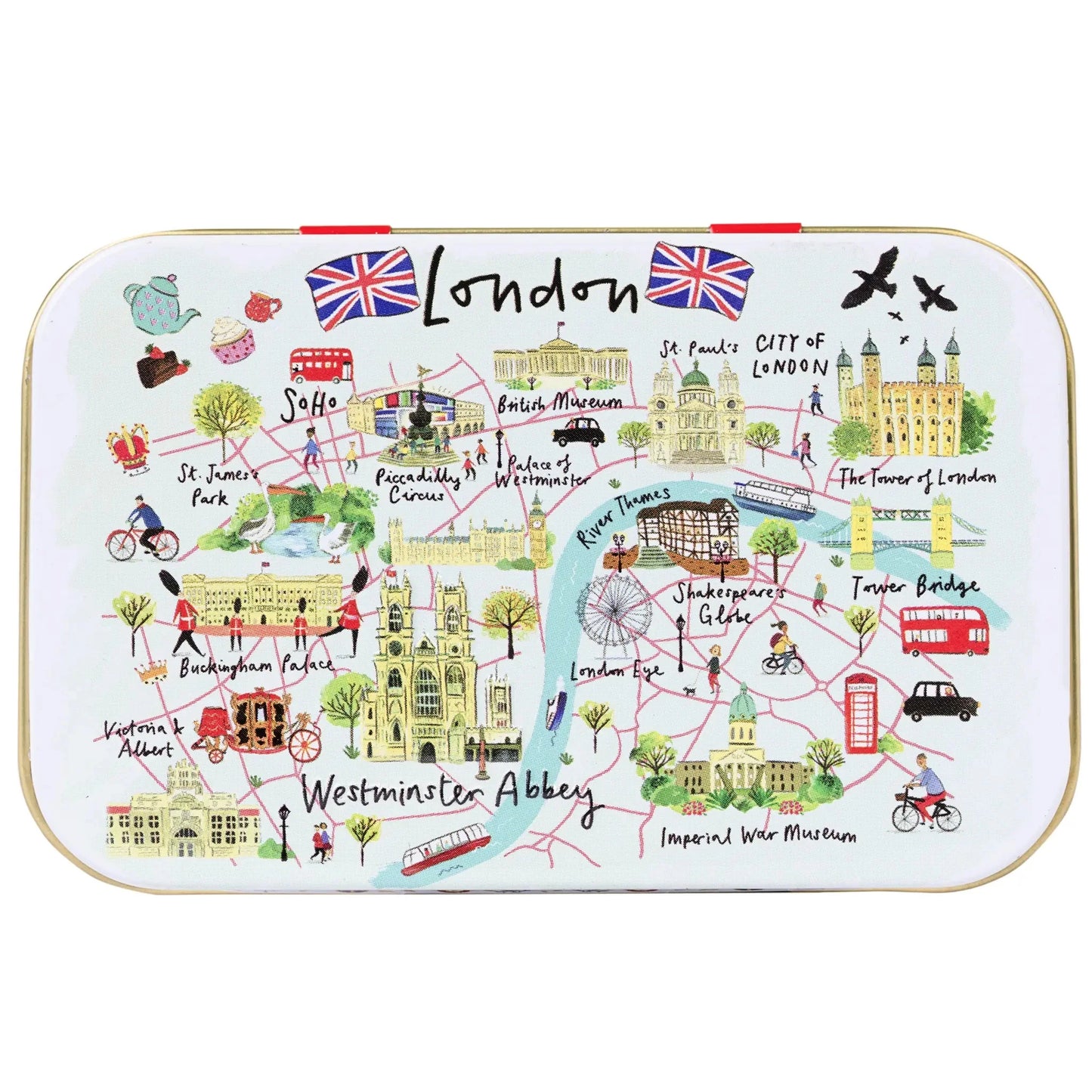 Looking to remember the sights and smells of London? Look no further than the London Souvenir Mint Tin â€” featuring an illustrated city map based around Westminster Abbey, and a rich helping of traditional English mints! A perfect way to capture the