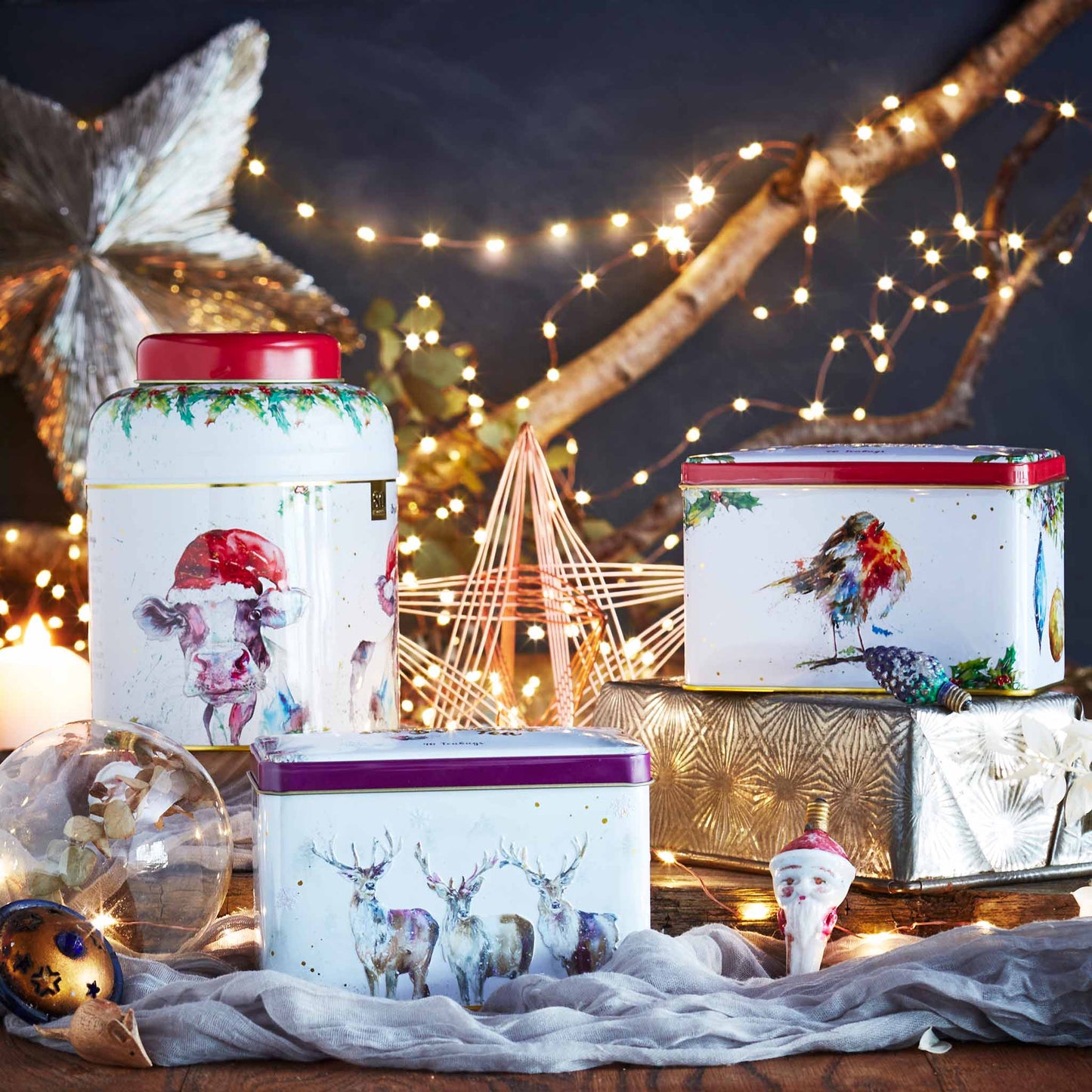 Our beautifully illustrated festive tins in a bundle gift set. Featuring three whimsical designs from the Nicola Rowles collection this gift set includes our Three Kings & Robin Classic Tea Tins, and The Festive Cow Tea Caddy. Nicola creates animal a