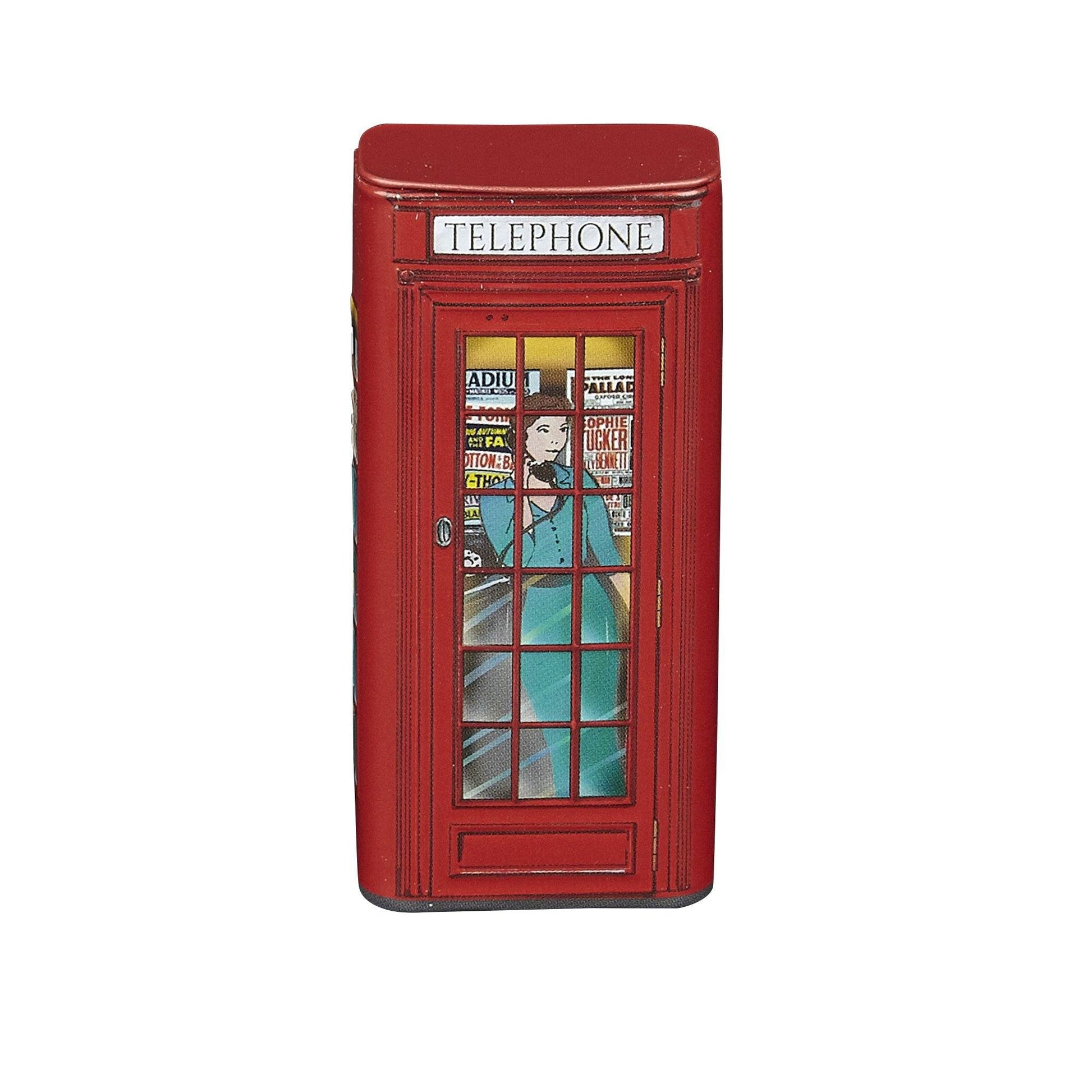 Iconic, eye catching English Telephone Box Travel Mints tin. These tins are perfect for a little bit of pocket-friendly minty freshness. Featuring a flip top lid, they are a great keepsake and easily refillable. Tin Contains: 25g of sugar free mints