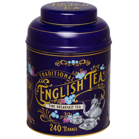 Our Royal Purple Vintage Victorian Tea Caddy contains 240 English Breakfast teabags. Our Vintage Victorian caddies are detailed with gold embossing and an intricate English tea design. English Breakfast Tea is a full-bodied and aromatic black tea, kn