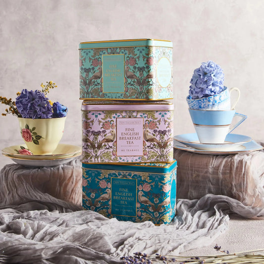 Introducing the Song Thrush Classic Tea Tin Bundle - the perfect way to bring stylish sophistication to your tea drinking. Featuring a design inspired by William Morris, the three stackable tins come in calming shades of pink, mint green and teal, al