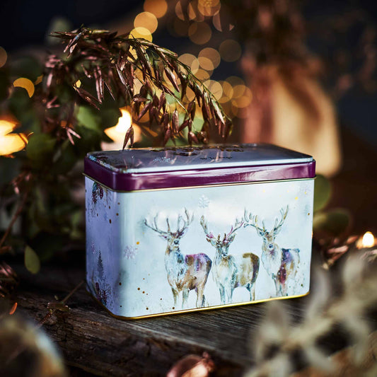 Our festive Christmas Stags tea tin is titled 'Three Kings' and is an original painting by Nicola Rowles. Nicola creates animal inspired art in her own unique style using her knowledge of different painting techniques. These beautiful illustrations w