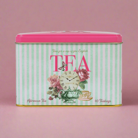 Our vintage inspired Time For Tea Classic Tea Tin features a distinctive design including beautifully chic illustrations of florals, clocks, butterflies and teacups, layered on a vintage pinstripe background. Classic bold typography married with a st