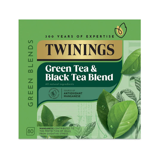 Twinings Green Tea & Black Tea Blend packaging with green leaves on a white background