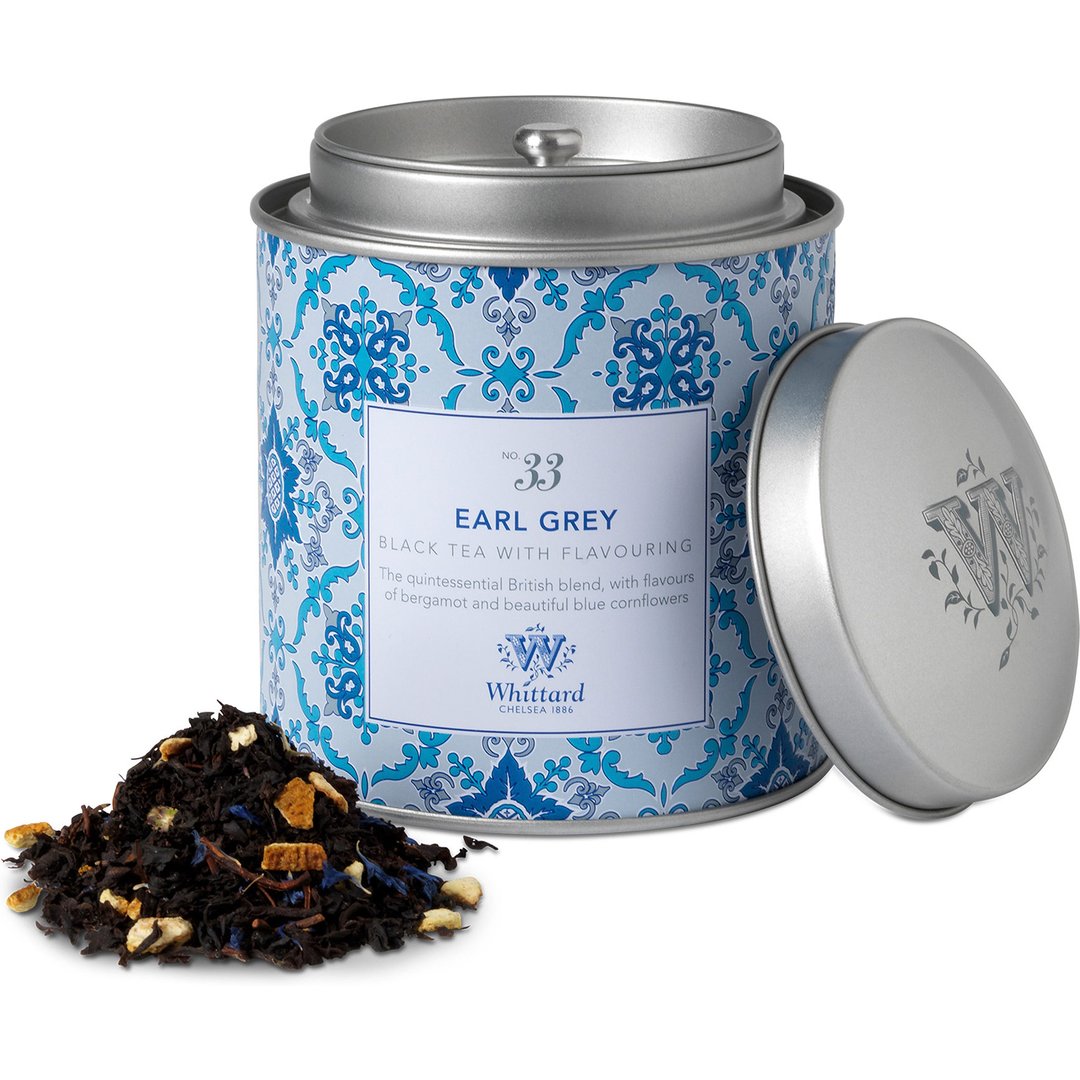 Tea Discoveries Earl Grey Caddy Renowned for its wonderful bergamot aroma, Earl Grey tea has become firmly ensconced as an afternoon tea classic. Our take on the British blend of fine Chinese and Ceylon loose leaf black teas is perfectly balanced with flavours of citrusy bergamot â€“ we've even added a scattering of blue cornflower petals for an elegant final flourish. The bespoke storage caddy is ideal for displaying pride of place on your kitchen shelf