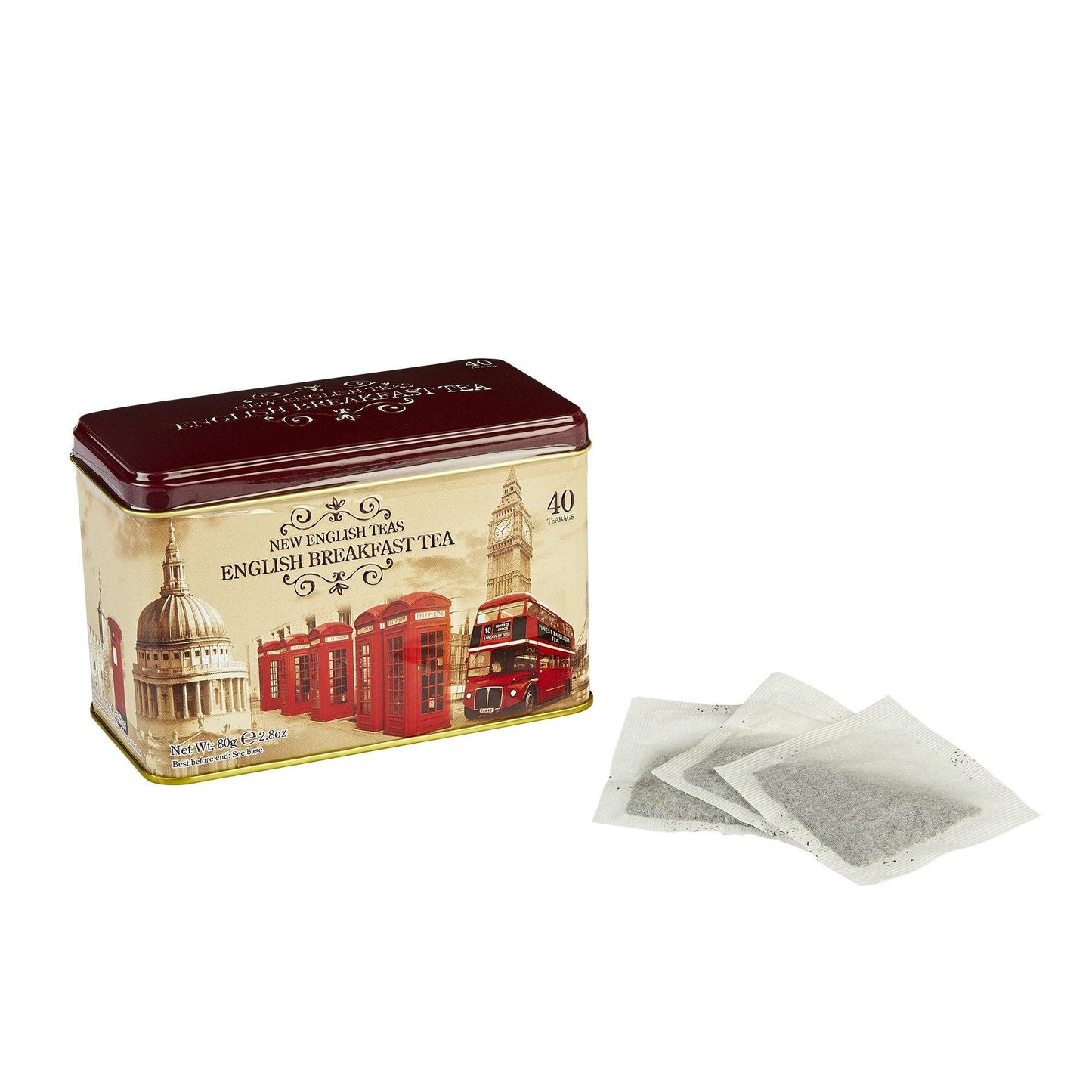 A vintage-inspired tea caddy featuring classic English scenes. Highly collectable, our vintage London tea tin contains our best-selling English Breakfast teabags. English Breakfast Tea is a full-bodied, aromatic black tea, known as the Nation's favou