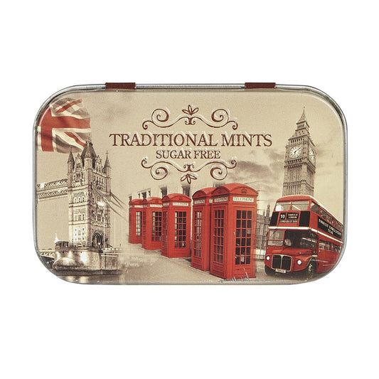 Vintage England Travel Mints tin. These tins are perfect for a little bit of pocket-friendly minty freshness. Featuring an easy open landscape lid, they are a great keepsake and easily refillable. Tin Contains: 35g of sugar free mints