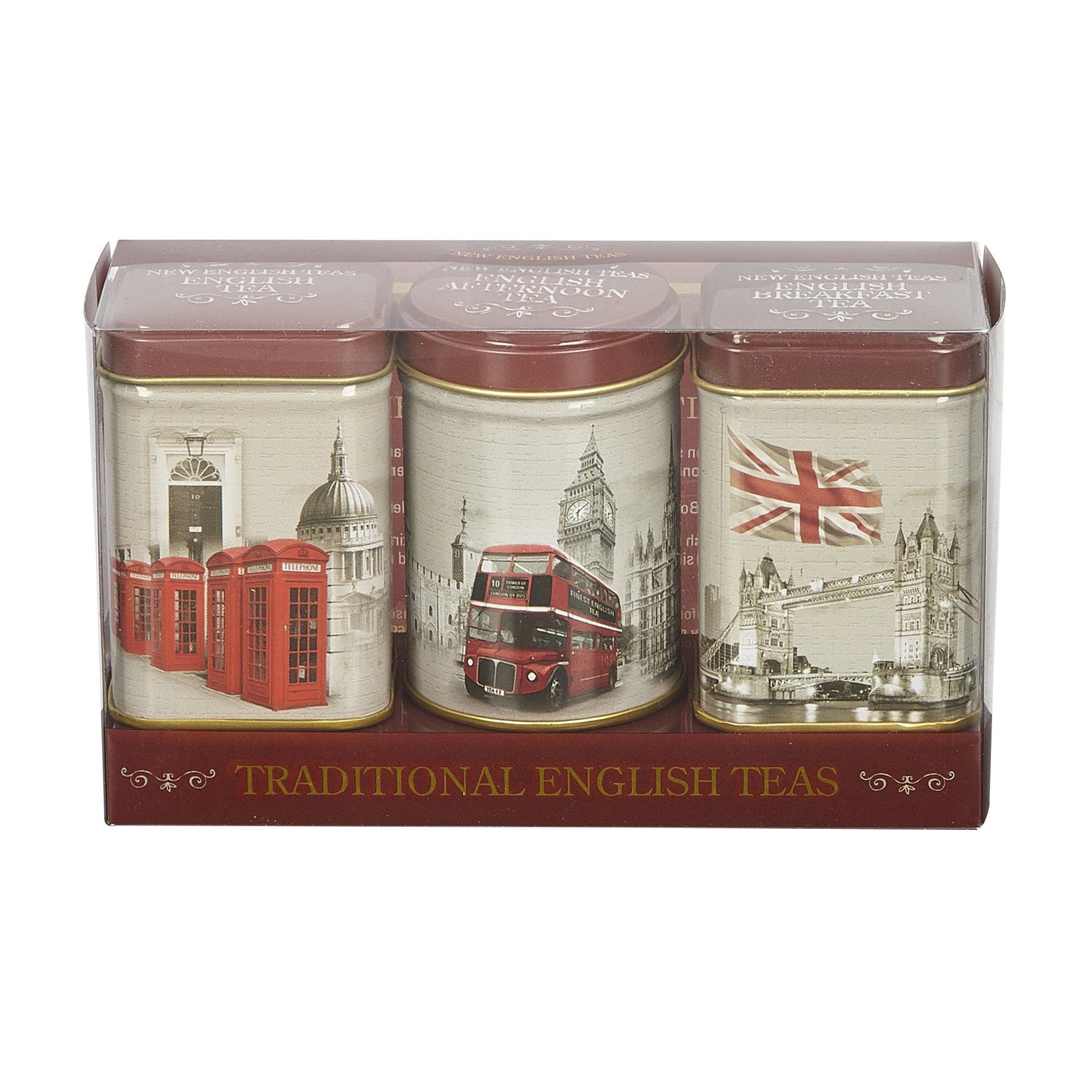 Iconic mini triple Tea tins featuring our favourite classic English scenes to include, the iconic red London bus, Big Ben, the English Telephone Box, and the Tower Bridge. These collectible, super cute mini tins contain a range of our flavoursome loo