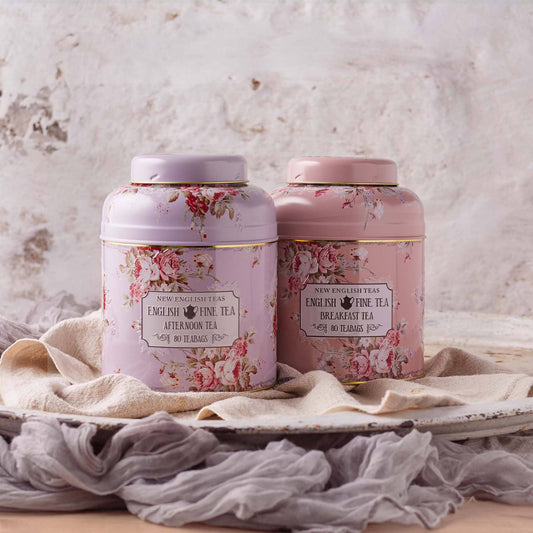 A gift set featuring a perfect pair of our Vintage inspired floral design Tea Caddies in Peach & Lavender. Each holding 80 teabags of one of our signature English Breakfast & English Afternoon tea blends. The perfect tea party centerpiece, this pairi