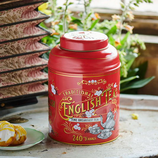Our Berry-Red Vintage Victorian Tea Caddy contains 240 English Breakfast teabags. Our Vintage Victorian caddies are detailed with gold embossing and an intricate English tea design. English Breakfast Tea is a full-bodied and aromatic black tea, known
