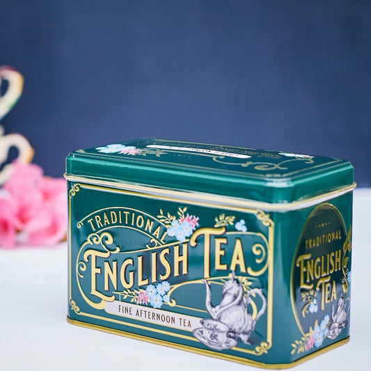 A stylish bottle-green tea caddy with intricate gold embossing inspired by the Victorian era. Highly collectible, this tea tin contains 40 of our best selling English Afternoon teabags.